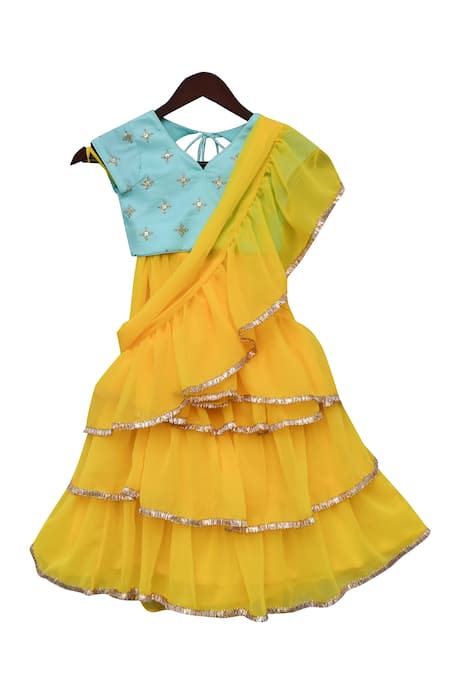 Fayon Kids Blue Georgette, Cotton Sequins, Metallic Embroidered Pre-draped Lehenga Set Online at Aza Fashions Fayon Kids_Blue Georgette, Cotton Sequins, Metallic Embroidered Pre-draped Lehenga Set _Online_at_Aza_Fashions