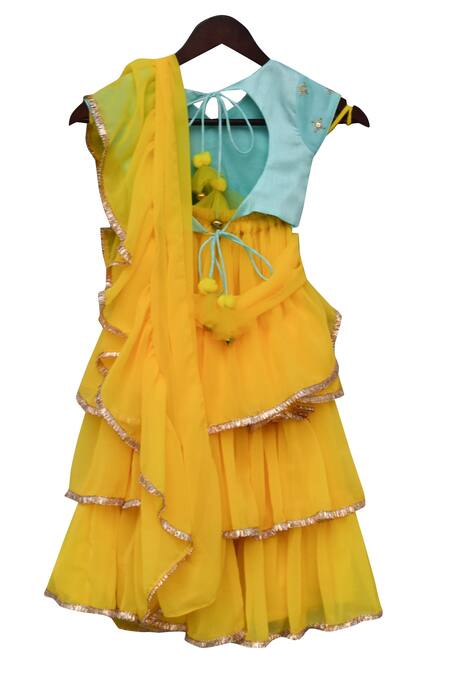 Buy Fayon Kids Blue Georgette, Cotton Sequins, Metallic Embroidered Pre-draped Lehenga Set Online at Aza Fashions Buy_Fayon Kids_Blue Georgette, Cotton Sequins, Metallic Embroidered Pre-draped Lehenga Set _Online_at_Aza_Fashions