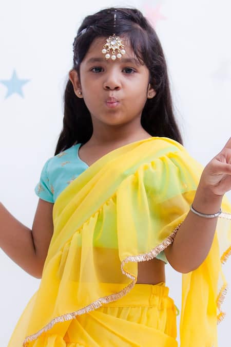 Shop Fayon Kids Blue Georgette, Cotton Sequins, Metallic Embroidered Pre-draped Lehenga Set Online at Aza Fashions Shop_Fayon Kids_Blue Georgette, Cotton Sequins, Metallic Embroidered Pre-draped Lehenga Set _Online_at_Aza_Fashions