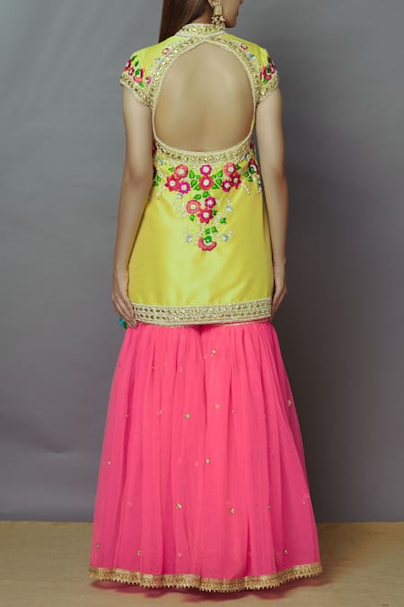 Shop Preeti S Kapoor Pink Net, Dupion Mandarin Collar Embroidered Kurta Sharara Set at Aza Fashions Shop_Preeti S Kapoor_Pink Net, Dupion Mandarin Collar Embroidered Kurta Sharara Set _at_Aza_Fashions