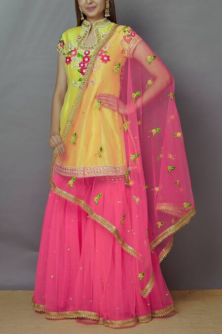 Preeti S Kapoor Pink Net, Dupion Mandarin Collar Embroidered Kurta Sharara Set Online at Aza Fashions Preeti S Kapoor_Pink Net, Dupion Mandarin Collar Embroidered Kurta Sharara Set _Online_at_Aza_Fashions