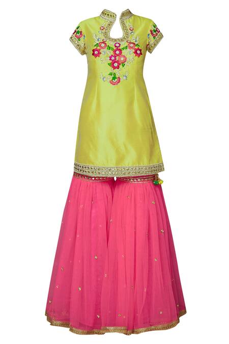 Buy Preeti S Kapoor Pink Net, Dupion Mandarin Collar Embroidered Kurta Sharara Set Online at Aza Fashions Buy_Preeti S Kapoor_Pink Net, Dupion Mandarin Collar Embroidered Kurta Sharara Set _Online_at_Aza_Fashions