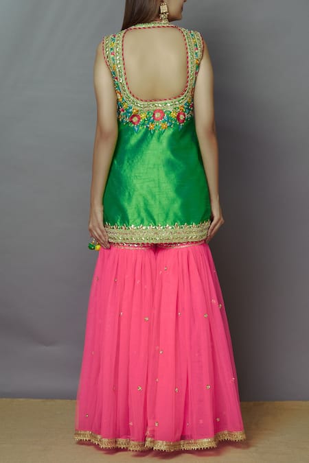 Shop Preeti S Kapoor Pink Net, Dupion Round Embroidered Kurta Sharara Set at Aza Fashions Shop_Preeti S Kapoor_Pink Net, Dupion Round Embroidered Kurta Sharara Set _at_Aza_Fashions