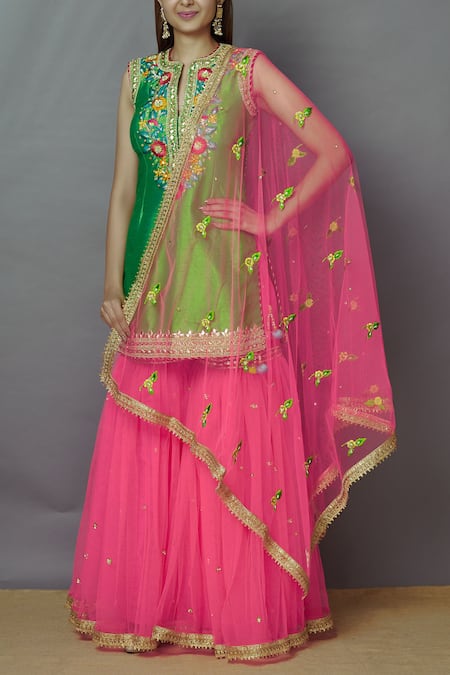 Preeti S Kapoor Pink Net, Dupion Round Embroidered Kurta Sharara Set Online at Aza Fashions Preeti S Kapoor_Pink Net, Dupion Round Embroidered Kurta Sharara Set _Online_at_Aza_Fashions