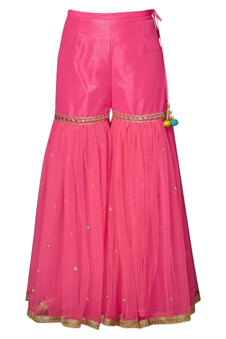Shop Preeti S Kapoor Pink Net, Dupion Round Embroidered Kurta Sharara Set Online at Aza Fashions Shop_Preeti S Kapoor_Pink Net, Dupion Round Embroidered Kurta Sharara Set _Online_at_Aza_Fashions