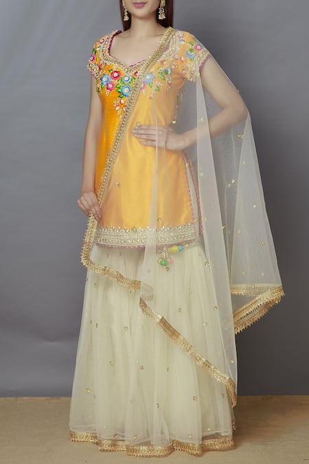 Preeti S Kapoor_Cream Net, Dupion Leaf Neck Embroidered Kurta Sharara Set_Online_at_Aza_Fashions