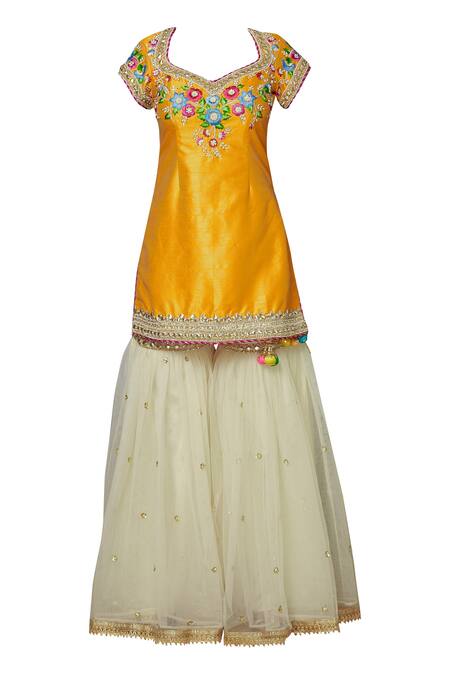 Buy_Preeti S Kapoor_Cream Net, Dupion Leaf Neck Embroidered Kurta Sharara Set_Online_at_Aza_Fashions