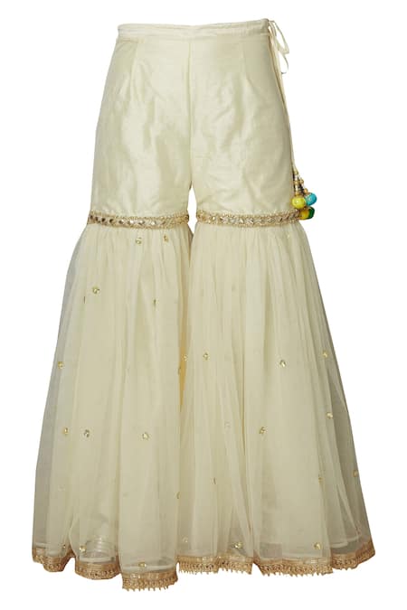 Shop_Preeti S Kapoor_Cream Net, Dupion Leaf Neck Embroidered Kurta Sharara Set_Online_at_Aza_Fashions