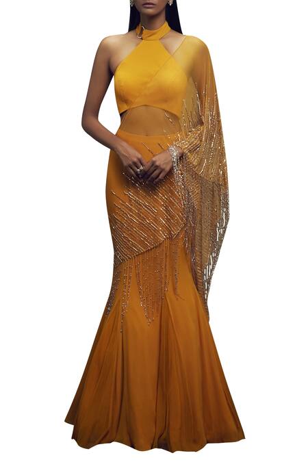 Buy Shloka Khialani Yellow Net, Crepe, Georgette Halter Neck Pre-draped Saree With Blouse Online at Aza Fashions Buy_Shloka Khialani_Yellow Net, Crepe, Georgette Halter Neck Pre-draped Saree With Blouse _Online_at_Aza_Fashions
