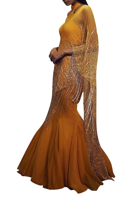 Shloka Khialani Yellow Net, Crepe, Georgette Halter Neck Pre-draped Saree With Blouse Online at Aza Fashions Shloka Khialani_Yellow Net, Crepe, Georgette Halter Neck Pre-draped Saree With Blouse _Online_at_Aza_Fashions