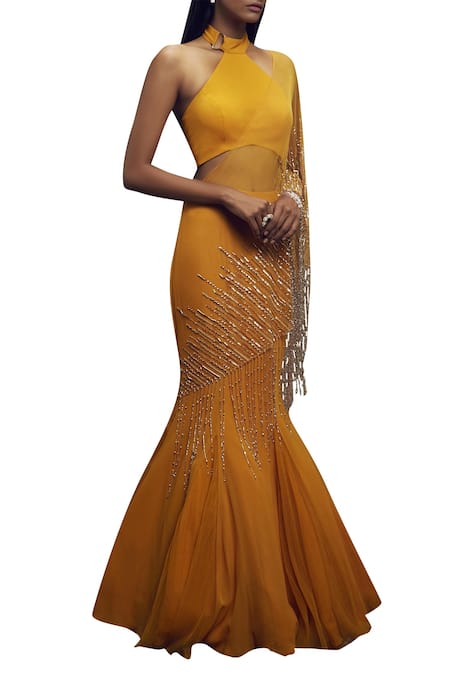 Shop Shloka Khialani Yellow Net, Crepe, Georgette Halter Neck Pre-draped Saree With Blouse Online at Aza Fashions Shop_Shloka Khialani_Yellow Net, Crepe, Georgette Halter Neck Pre-draped Saree With Blouse _Online_at_Aza_Fashions
