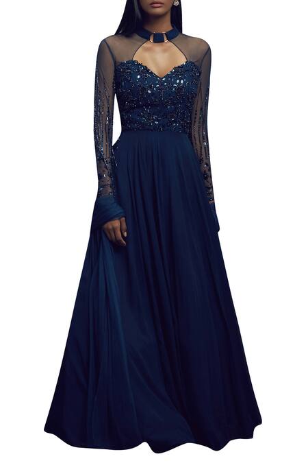 Buy_Shloka Khialani_Blue Net, Crepe, Georgette Stand Collar Embellished Anarkali Gown With Dupatta_Online_at_Aza_Fashions