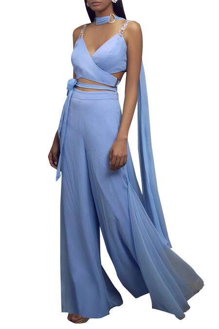 Buy Shloka Khialani Blue Net, Crepe, Georgette V Neck Overlap Top Pant Set Online at Aza Fashions Buy_Shloka Khialani_Blue Net, Crepe, Georgette V Neck Overlap Top Pant Set _Online_at_Aza_Fashions