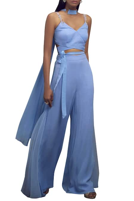 Shloka Khialani Blue Net, Crepe, Georgette V Neck Overlap Top Pant Set Online at Aza Fashions Shloka Khialani_Blue Net, Crepe, Georgette V Neck Overlap Top Pant Set _Online_at_Aza_Fashions