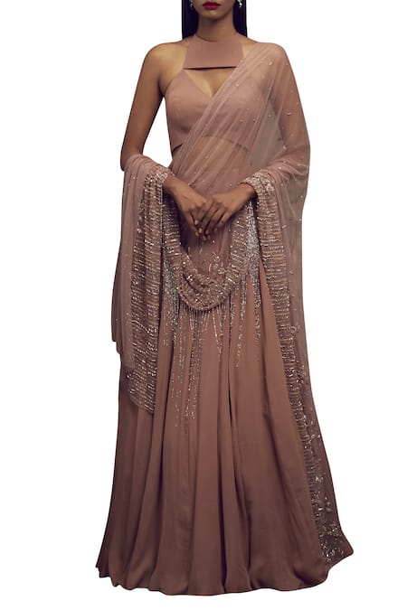 Buy Shloka Khialani Pink Net, Crepe, Georgette Halter Neck Embellished Lehenga Set Online at Aza Fashions Buy_Shloka Khialani_Pink Net, Crepe, Georgette Halter Neck Embellished Lehenga Set _Online_at_Aza_Fashions
