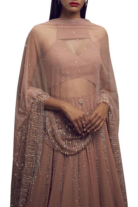 Shop Shloka Khialani Pink Net, Crepe, Georgette Halter Neck Embellished Lehenga Set Online at Aza Fashions Shop_Shloka Khialani_Pink Net, Crepe, Georgette Halter Neck Embellished Lehenga Set _Online_at_Aza_Fashions