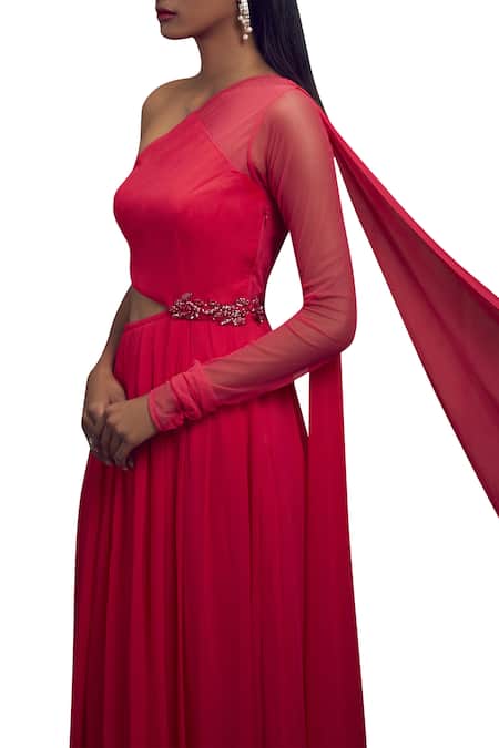 Shop_Shloka Khialani_Pink Net, Crepe, Georgette Asymmetric Neck One Shoulder Gown _Online_at_Aza_Fashions