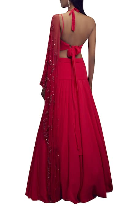 Shop_Shloka Khialani_Pink Georgette Halter Neck Embellished Lehenga Set  _at_Aza_Fashions