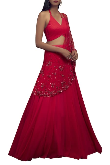 Shloka Khialani_Pink Georgette Halter Neck Embellished Lehenga Set  _Online_at_Aza_Fashions