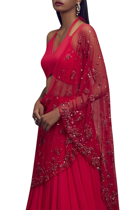 Shop_Shloka Khialani_Pink Georgette Halter Neck Embellished Lehenga Set  _Online_at_Aza_Fashions