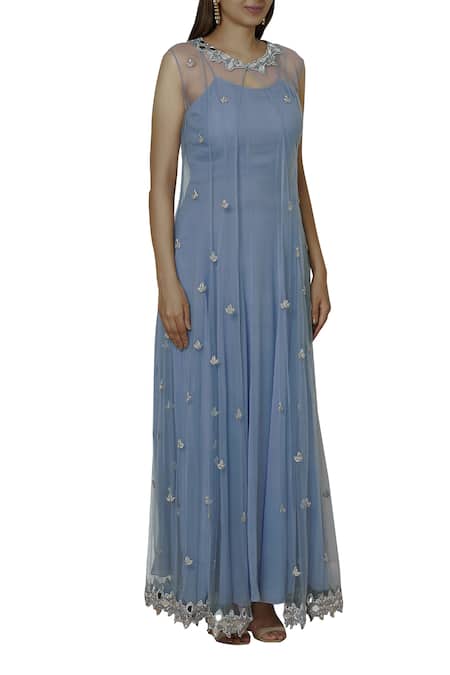 Silky Bindra Blue Net, Georgette, Shantoon Kurta And Jacket Round Embroidered Set Online at Aza Fashions Silky Bindra_Blue Net, Georgette, Shantoon Kurta And Jacket Round Embroidered Set _Online_at_Aza_Fashions