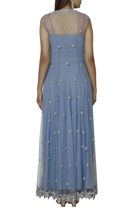 Shop Silky Bindra Blue Net, Georgette, Shantoon Kurta And Jacket Round Embroidered Set at Aza Fashions Shop_Silky Bindra_Blue Net, Georgette, Shantoon Kurta And Jacket Round Embroidered Set _at_Aza_Fashions