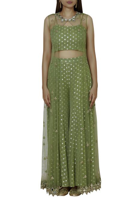 Buy Silky Bindra Green Net, Georgette, Shantoon Jacket Roundcrop Top Embroidered Palazzo Set Online at Aza Fashions Buy_Silky Bindra_Green Net, Georgette, Shantoon Jacket Roundcrop Top Embroidered Palazzo Set _Online_at_Aza_Fashions
