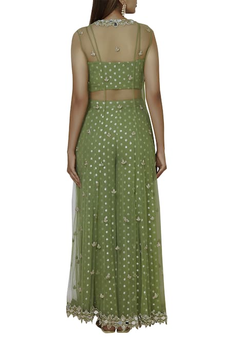 Shop Silky Bindra Green Net, Georgette, Shantoon Jacket Roundcrop Top Embroidered Palazzo Set at Aza Fashions Shop_Silky Bindra_Green Net, Georgette, Shantoon Jacket Roundcrop Top Embroidered Palazzo Set _at_Aza_Fashions