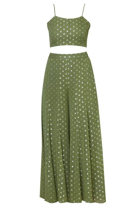 Shop Silky Bindra Green Net, Georgette, Shantoon Jacket Roundcrop Top Embroidered Palazzo Set Online at Aza Fashions Shop_Silky Bindra_Green Net, Georgette, Shantoon Jacket Roundcrop Top Embroidered Palazzo Set _Online_at_Aza_Fashions