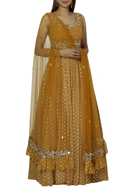 Silky Bindra Yellow Net, Georgette, Shantoon Round Embroidered Lehenga Set Online at Aza Fashions Silky Bindra_Yellow Net, Georgette, Shantoon Round Embroidered Lehenga Set _Online_at_Aza_Fashions