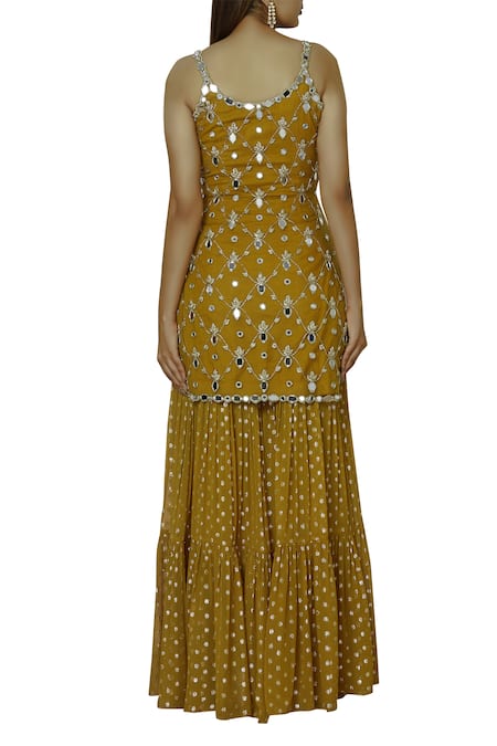 Shop Silky Bindra Yellow Net, Georgette, Shantoon U-shaped Neckline Embroidered Kurta Sharara Set at Aza Fashions Shop_Silky Bindra_Yellow Net, Georgette, Shantoon U-shaped Neckline Embroidered Kurta Sharara Set _at_Aza_Fashions