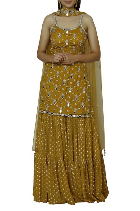 Silky Bindra Yellow Georgette U-shaped Neckline Embroidered Kurta Sharara Set 