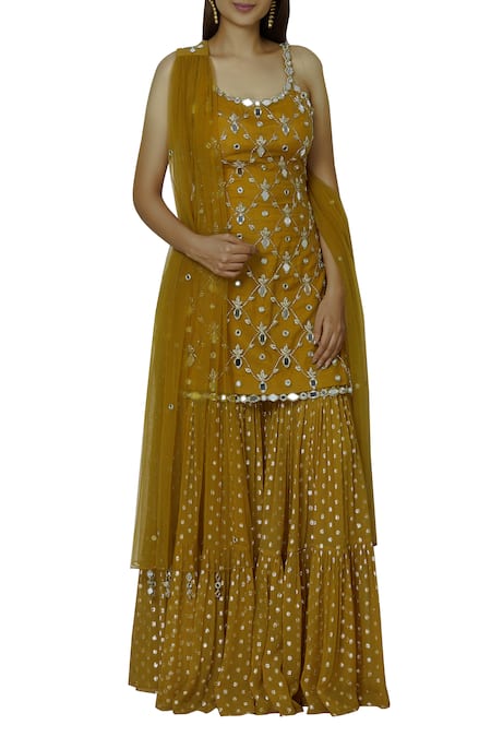 Silky Bindra Yellow Net, Georgette, Shantoon U-shaped Neckline Embroidered Kurta Sharara Set Online at Aza Fashions Silky Bindra_Yellow Net, Georgette, Shantoon U-shaped Neckline Embroidered Kurta Sharara Set _Online_at_Aza_Fashions