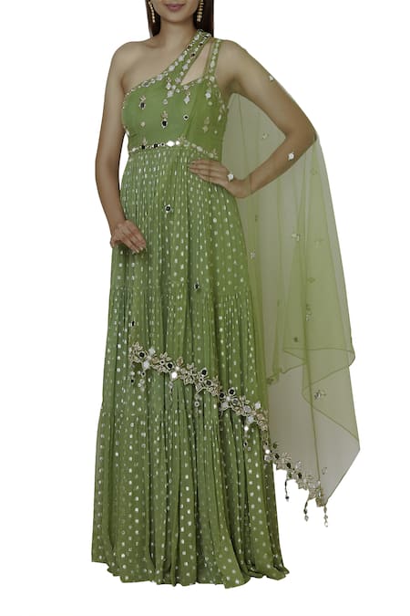 Silky Bindra Green Net, Georgette, Shantoon Asymmetric Embroidered Anarkali With Dupatta 
