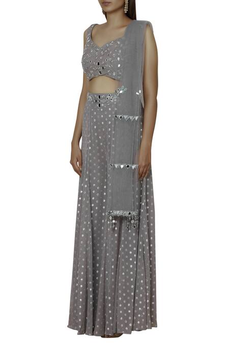 Buy Silky Bindra Grey Net, Georgette, Shantoon Leaf Neck Embroidered Gharara Set Online at Aza Fashions Buy_Silky Bindra_Grey Net, Georgette, Shantoon Leaf Neck Embroidered Gharara Set _Online_at_Aza_Fashions