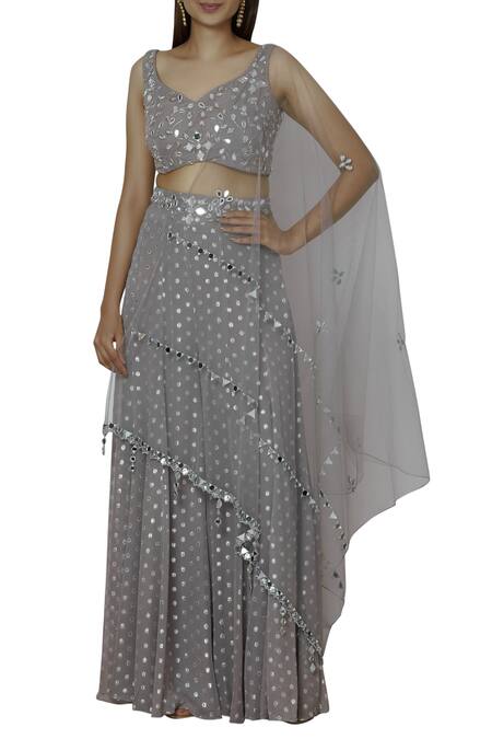 Silky Bindra Grey Net, Georgette, Shantoon Leaf Neck Embroidered Gharara Set Online at Aza Fashions Silky Bindra_Grey Net, Georgette, Shantoon Leaf Neck Embroidered Gharara Set _Online_at_Aza_Fashions