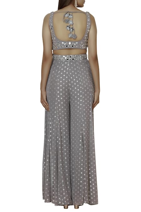 Shop Silky Bindra Grey Net, Georgette, Shantoon Leaf Neck Embroidered Gharara Set at Aza Fashions Shop_Silky Bindra_Grey Net, Georgette, Shantoon Leaf Neck Embroidered Gharara Set _at_Aza_Fashions