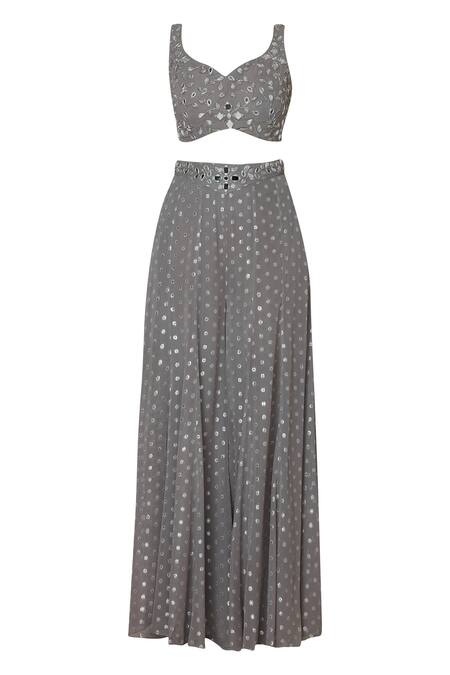 Shop Silky Bindra Grey Net, Georgette, Shantoon Leaf Neck Embroidered Gharara Set Online at Aza Fashions Shop_Silky Bindra_Grey Net, Georgette, Shantoon Leaf Neck Embroidered Gharara Set _Online_at_Aza_Fashions