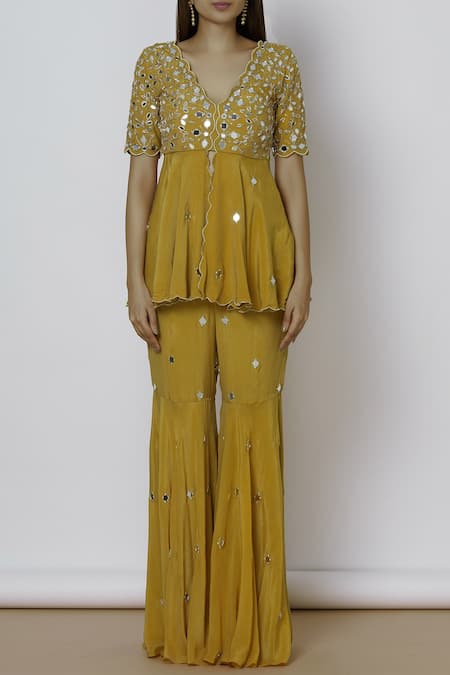 Silky Bindra Yellow Crepe, Shantoon V-shaped Neckline Embroidered Kurta Sharara Set Online at Aza Fashions Silky Bindra_Yellow Crepe, Shantoon V-shaped Neckline Embroidered Kurta Sharara Set _Online_at_Aza_Fashions