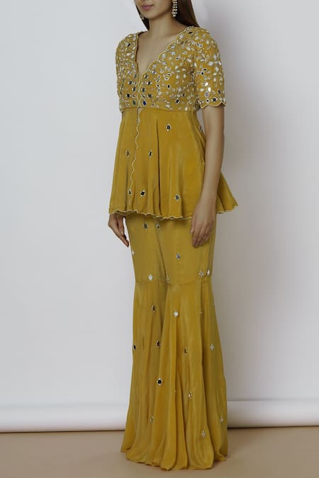 Buy Silky Bindra Yellow Crepe, Shantoon V-shaped Neckline Embroidered Kurta Sharara Set Online at Aza Fashions Buy_Silky Bindra_Yellow Crepe, Shantoon V-shaped Neckline Embroidered Kurta Sharara Set _Online_at_Aza_Fashions