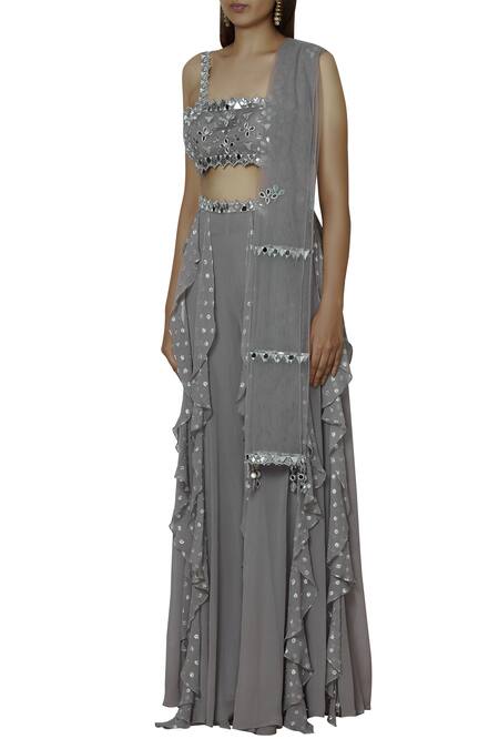 Buy Silky Bindra Grey Crepe, Shantoon Square Neckline Embroidered Gharara Set Online at Aza Fashions Buy_Silky Bindra_Grey Crepe, Shantoon Square Neckline Embroidered Gharara Set _Online_at_Aza_Fashions