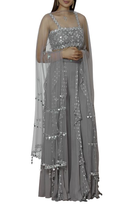Silky Bindra Grey Crepe, Shantoon Square Neckline Embroidered Gharara Set Online at Aza Fashions Silky Bindra_Grey Crepe, Shantoon Square Neckline Embroidered Gharara Set _Online_at_Aza_Fashions