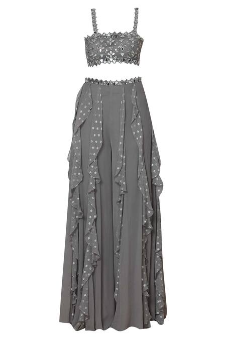 Shop Silky Bindra Grey Crepe, Shantoon Square Neckline Embroidered Gharara Set Online at Aza Fashions Shop_Silky Bindra_Grey Crepe, Shantoon Square Neckline Embroidered Gharara Set _Online_at_Aza_Fashions