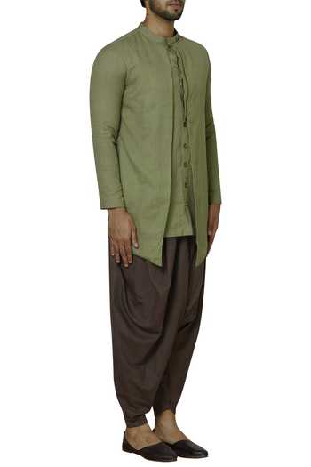 Gram Of Ink_Green Cotton Linen Dhoti Kurta Set_Online_at_Aza_Fashions