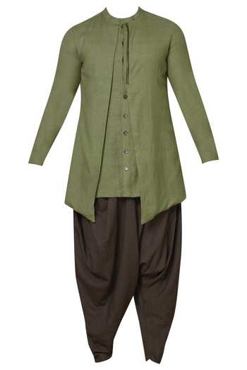 Buy_Gram Of Ink_Green Cotton Linen Dhoti Kurta Set_Online_at_Aza_Fashions
