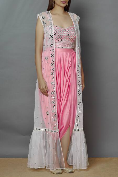 Preeti S Kapoor_White Net, Dupion Sweetheart Neck Embellished Jacket Dhoti Pant Set_Online_at_Aza_Fashions