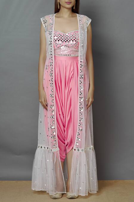 Buy_Preeti S Kapoor_White Net, Dupion Sweetheart Neck Embellished Jacket Dhoti Pant Set_Online_at_Aza_Fashions