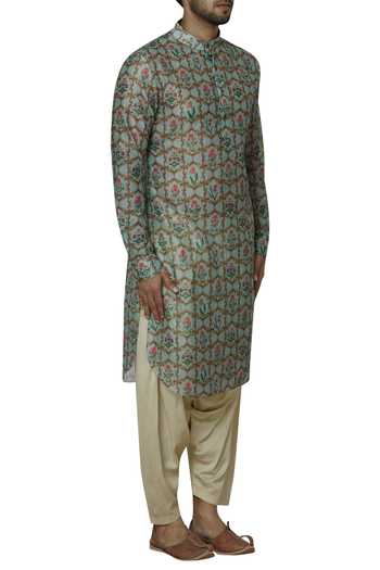 Pranay Baidya_Grey Chanderi Printed Kurta_Online_at_Aza_Fashions