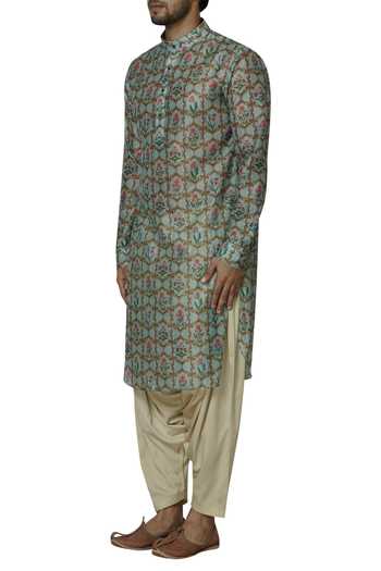 Buy_Pranay Baidya_Grey Chanderi Printed Kurta_Online_at_Aza_Fashions