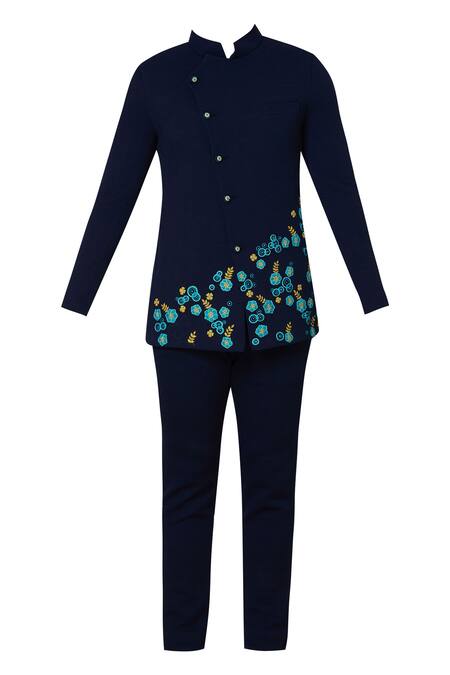 Buy_Sol By Piyush Dedhia_Blue Herringbone Embroidered Bandhagla Set  _Online_at_Aza_Fashions